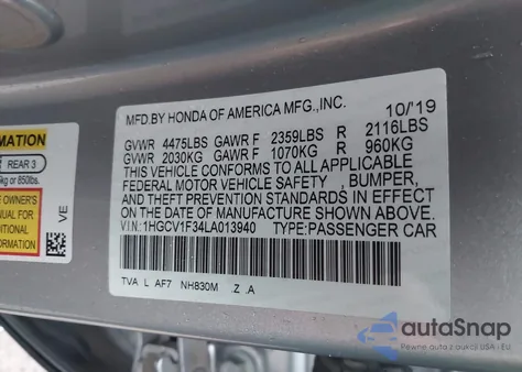 2020 Honda Accord Sport из США, поврежденный, VIN 1HGCV1F34LA013940